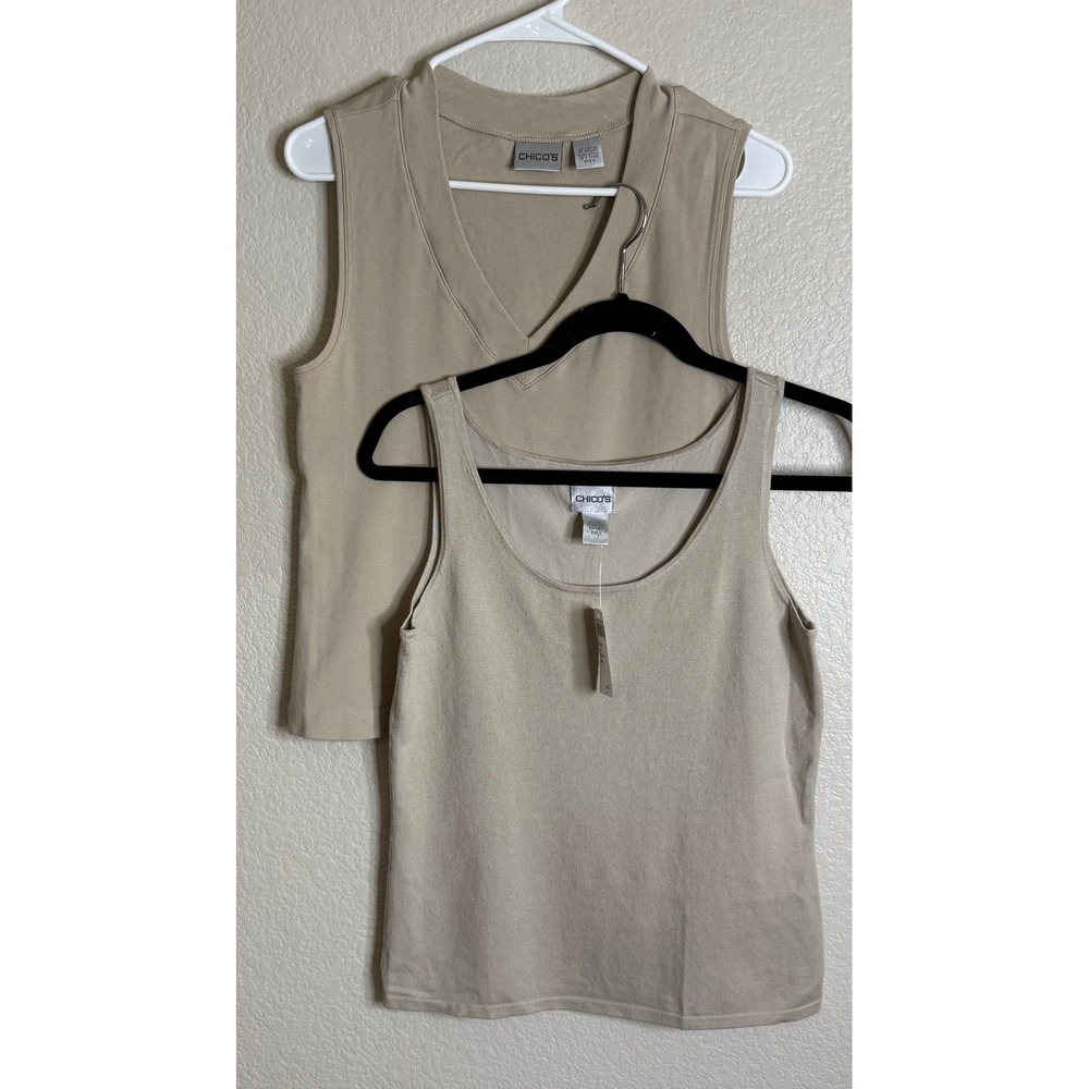 Chicos 0 US Small 2 Tank Tops Shell Khaki‎ Silk Knit Cotton Blend Set Capsule